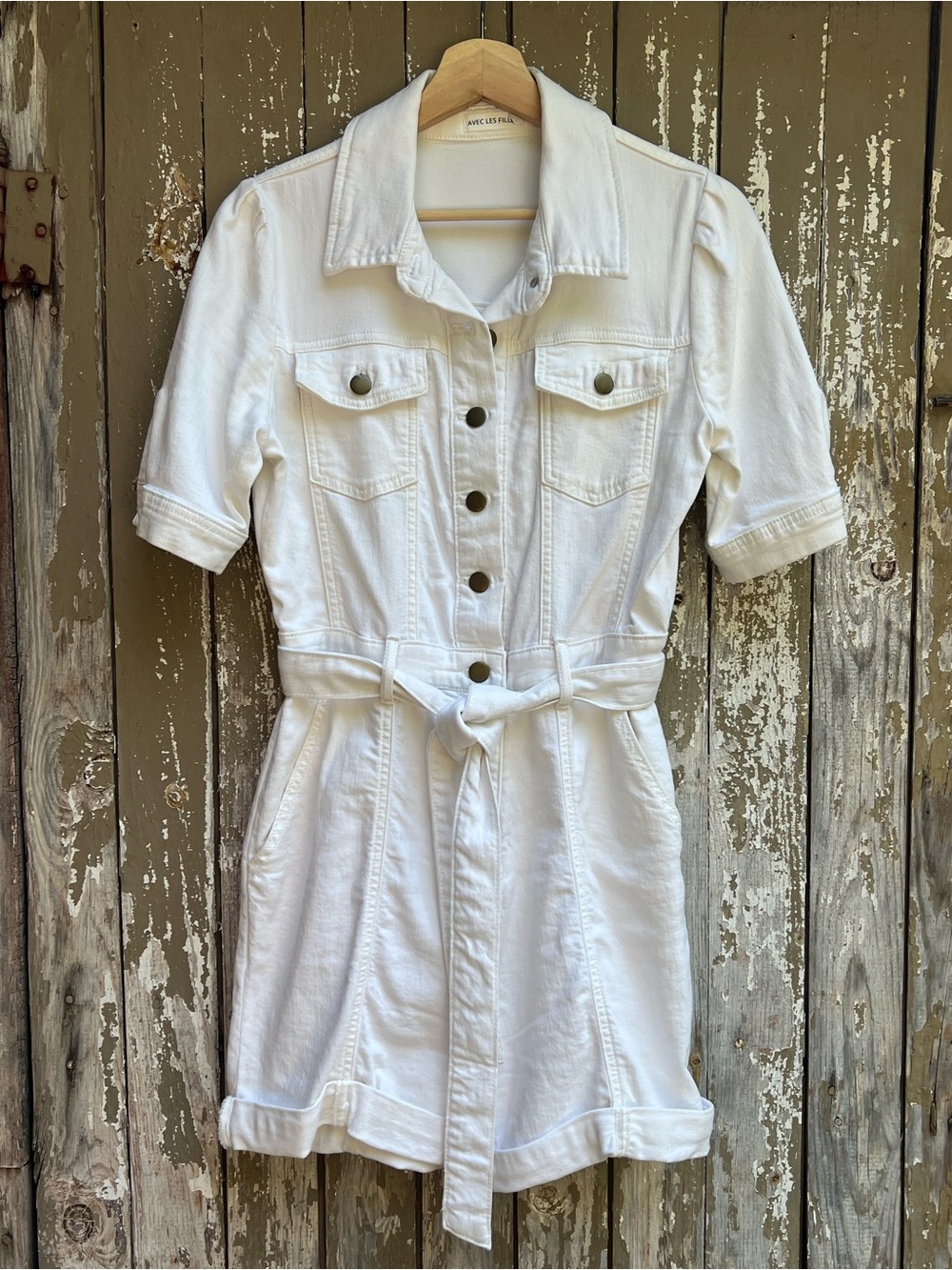 Avec Les Filles White Denim Tie-Waist Romper